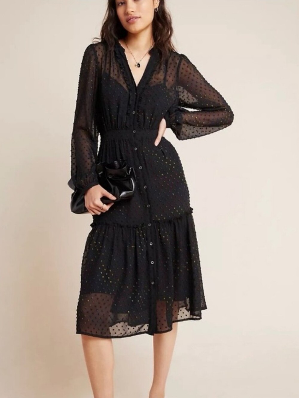 Anthropologie Audrey Clip Dot Black Textured Long-Sleeve Midi Dress